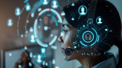 A customer service representative with a headset, surrounded by icons of satisfied customers, symbolizing excellent customer support.