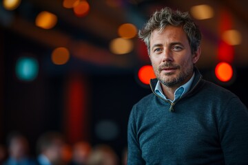 a hyper realistic photo of a 35-year-old man speaking at a conference, inspired eyes, sweater, jeans, bright lights behind him