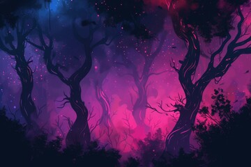 Fantasy landscape forest at night. night forest with fog background. nature leaves wallpaper for desktop. Natural landscape background. Synthwave Style Leaf Background. fantasy forest wallpaper.