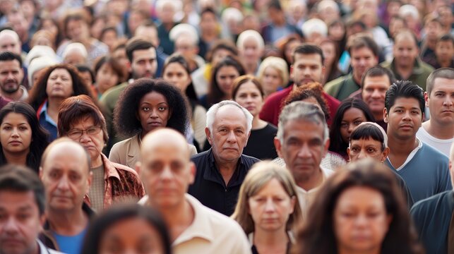 A large and very dense crowd of multiethnic and multi-generation people all ages stretching as far as you can see into the background. They are all facing the camera