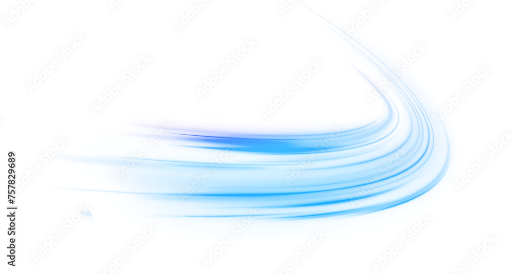 Poster Wavy transparent curved lines in the form of a blue wave, dynamically flowing sea water in a large set of different contour shapes.	