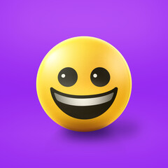 Happy smiling Emoji stress ball on shiny floor. 3D emoticon isolated.