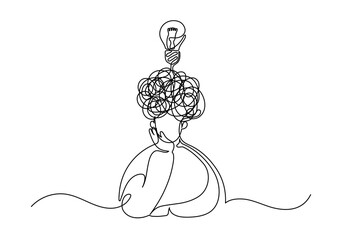 Thinking man with lightbulb. Imagination and creativity concept. Continuous line drawing.