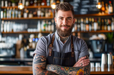 Friendly Tattooed Barista with Leather Apron in Urban Cafe
