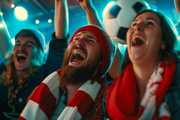 Excited football fans cheering a goal, supporting favorite players. Concept of sport, human emotions, entertainment