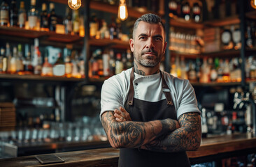 Tattooed Bartender with Attitude in Vintage Style Pub
