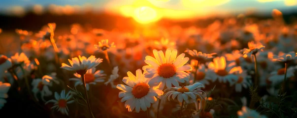 Foto op Plexiglas chamomile field at sunset in the sunshine with large daisies in the foreground with copy space © Tetiana
