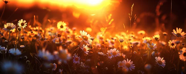 Fototapeten photo of a chamomile field in the sun with large daisies in the foreground with copy space in dark colors © Tetiana