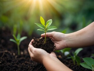 Hands holding young plant on blur nature background with sunlight, eco earth day concept, eco friendly, save the planet