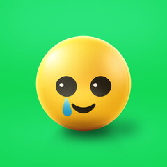 Happy with a tear Emoji stress ball on shiny floor. 3D emoticon isolated.