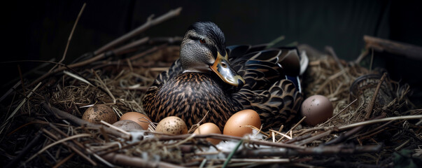 wild duck hatches eggs in a nest photo in a dark key