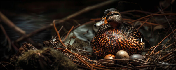 wild duck hatches eggs in a nest photo in a dark key with copy space