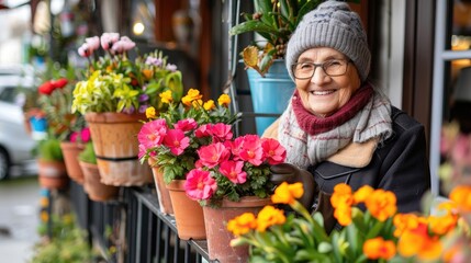 Elderly woman smiling with colorful flowers on a balcony.