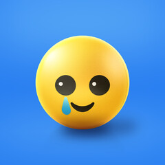 Happy with a tear Emoji stress ball on shiny floor. 3D emoticon isolated.