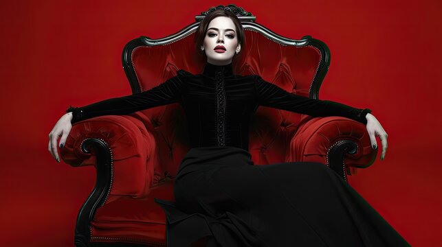 Elegant woman in black sitting on a red throne-like chair.