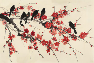 Chinese style ink painting bird on tree
