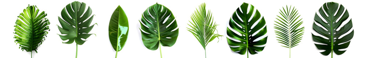 Collection of green leaves of various tropical plants, cutout on white background. Perfect for botanical, gardening, and sustainable lifestyle concepts. - obrazy, fototapety, plakaty