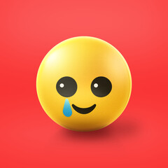 Fototapeta premium Happy with a tear Emoji stress ball on shiny floor. 3D emoticon isolated.