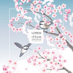 따뜻한 봄 날에 벚꽃이 활짝 핀 벚나무 가지에 앉아 있는 새들. 벡터 일러스트레이션	 - 757830884