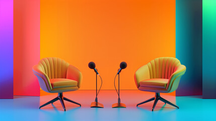 podcast studio with two chairs and microphone, vibrant color 