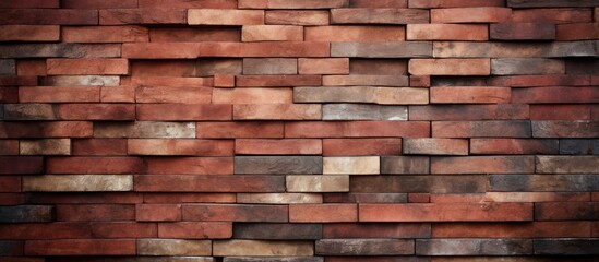 A detailed closeup of a brown brick wall showcasing the rectangular brick pattern. The building material resembles hardwood flooring with a wood stain finish
