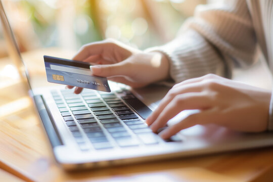 Online Payment Processing. Close-up of hands with a credit card at a laptop.