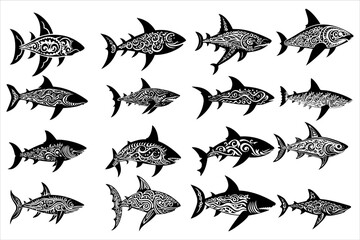 Shark Fish Mandala Silhouette Design, Mandala Shark Fish Design Silhouette - obrazy, fototapety, plakaty