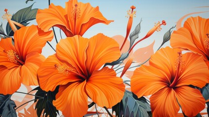Hibiscus Flowers on Tropical Orange background - obrazy, fototapety, plakaty