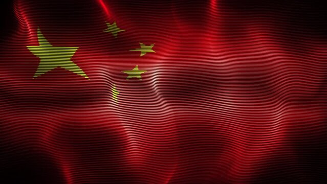 Chinese flag waving in the wind on black background. Concept of patriotism, symbol of statehood and national identity. Flapping China flag made of wavy bright digital pixelated lines, 4K looped video