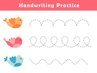 Handwriting practice sheet with cute bird illustration . Basic writing. Educational game for children. Handwriting practice worksheets for kids.	