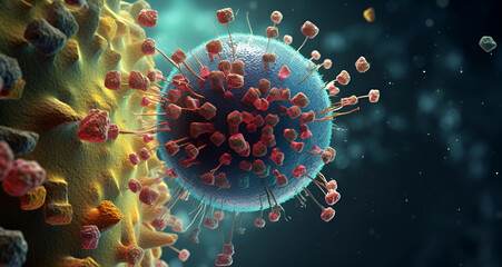 Cancel virus attacking human cell, Futuristic immune system protection from infectious. Abstract scientific microbiology background - obrazy, fototapety, plakaty
