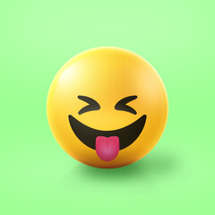 Tongue out and squinting Emoji stress ball on shiny floor. 3D emoticon isolated.