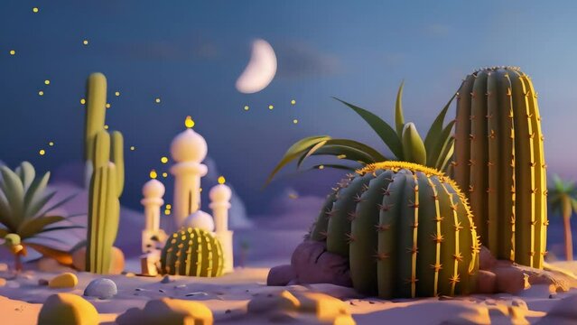 3D illustration of a mosque in the desert at night with moonlight