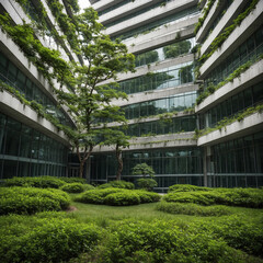 Eco-friendly building in the modern city. Sustainable glass office building with tree for reducing carbon dioxide. Office building with green environment