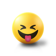 Tongue out and squinting Emoji stress ball on shiny floor. 3D emoticon isolated.