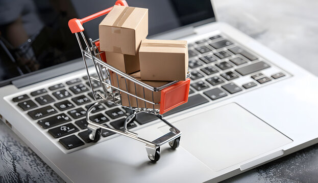 A miniature shopping cart is filled with product package boxes next to a laptop computer, illustrating the concept of online shopping and delivery. Image with copy space.