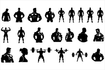 Gym Body Builder Man  Silhouette Bundle set, Body Builder Man Silhouette, Gym Man Silhouette,  - obrazy, fototapety, plakaty