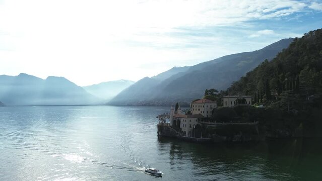 Aerial view of Villa Balbianello peninsula on Lake Como