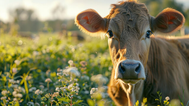 Up Close and Personal: Captivating Close-Up of a Cow in a Farm Garden