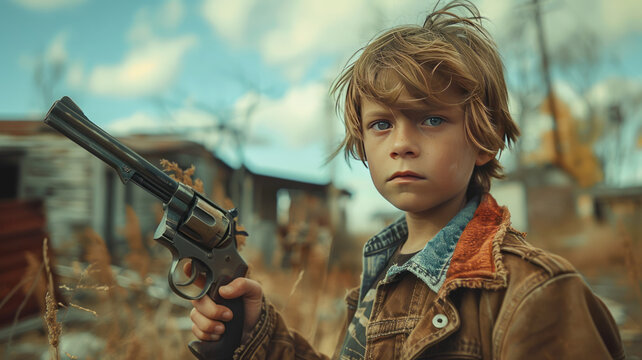 a 8 year old boy standing all by himself holding guns in a post apocalyptic landscape. he looks so little,generative ai
