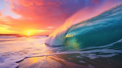 Poster Colorful Ocean Wave. Sea water in crest shape. Sunset light and beautiful clouds on background. Colorful ocean wave. Sea water wave shape. © May