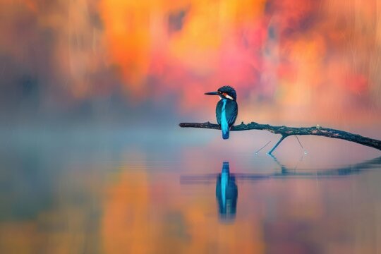 colorful kingfisher bird sits calmly on a tree branch, against a soft-focus background with warm hues