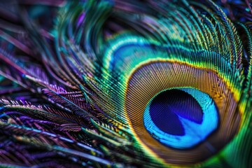 Obraz premium Beautiful Peacock Feather Closeup with Teal, Blue, Green and Purple Colors 