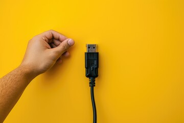 Black Cable Connection. Closeup of Hand Holding Plug with Black Cable Attached to Mains Outlet on Yellow Background