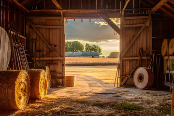 the inside of a barn with door open looking into the fields at golden hour, hay bales, instruments and tools