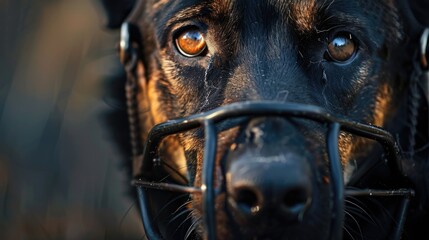 Black Protective Muzzle for Aggressive Canine. Closeup of Dog's Muzzle with Bite Bar for Animal Safety - obrazy, fototapety, plakaty
