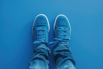 Blue Shoes on Feet. Composite Lifestyle Image with Blue Background and Isolated Clothing