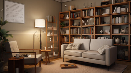 A psychology consultation room, characterized by neutral tones, furnished with a plush chaise longue and a bookshelf replete with psychological literature.