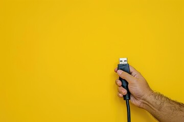 Close-Up of Black Cable with Plug Attached to Mains Outlet, Yellow Background. Electric Connection Concept with No Face - obrazy, fototapety, plakaty