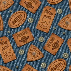 Denim seamless pattern with scattered buttons, rivets, leather brand labels with text. Detailed denim grunge texture on background. Vintage style